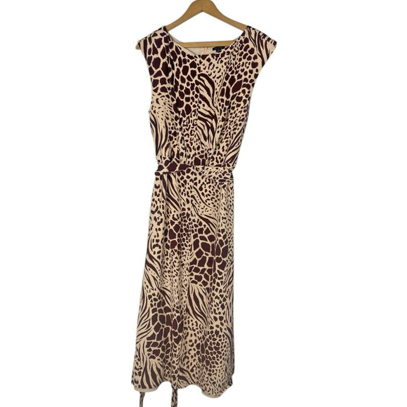 Ann Taylor Dress Size 12 Mixed Animal Print Tie Wrap Waist Midi Career Tailored - Picture 2 of 12